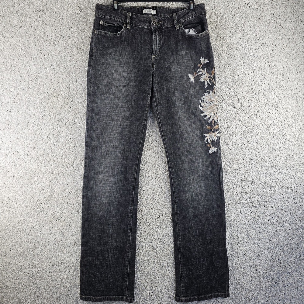 Metro 7 Black Straight Leg Embroidered Flowers Jeans Sz 31x32.5 Cottagecore